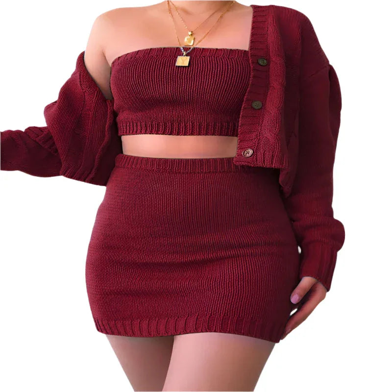 Strickpullover Crop Top & Rock Dreiteiliges Bekleidungsset
