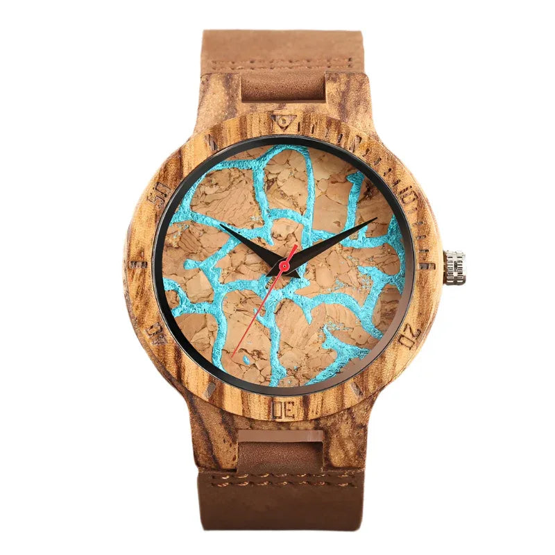 Montre unisexe en bois avec bracelet en cuir pour hommes et femmes