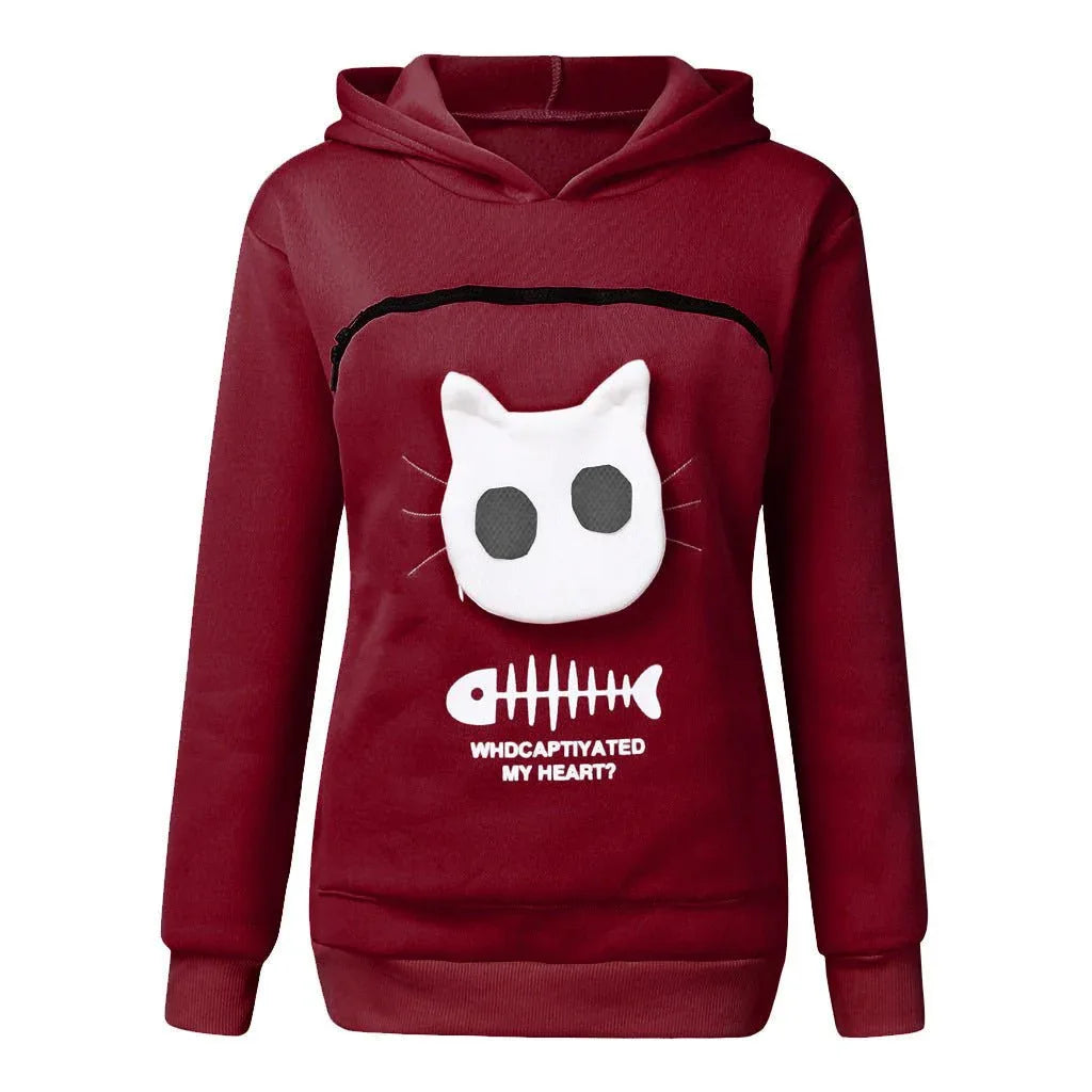 Damen-Sweatshirt mit Katzen-Haustier-Taschen-Design, Langarm-Hoodie