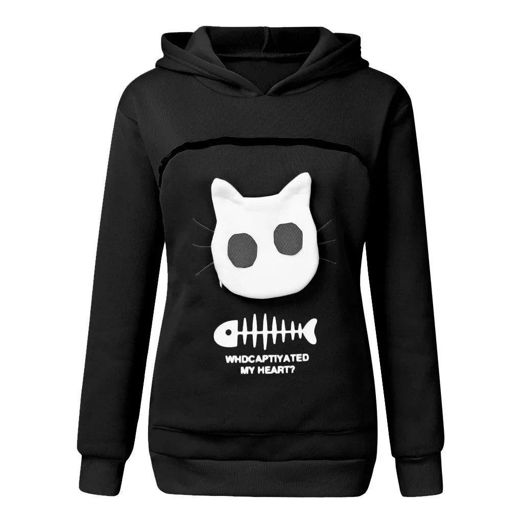 Damen-Sweatshirt mit Katzen-Haustier-Taschen-Design, Langarm-Hoodie