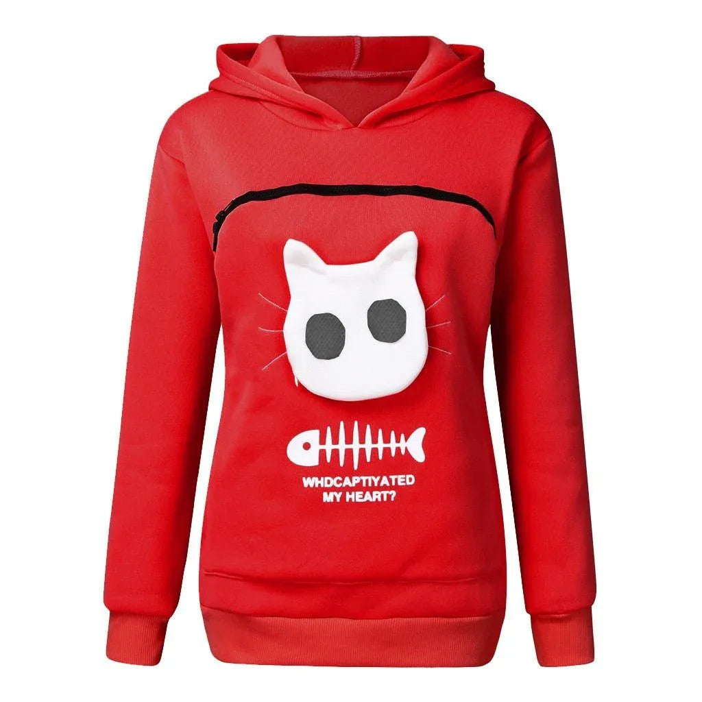 Damen-Sweatshirt mit Katzen-Haustier-Taschen-Design, Langarm-Hoodie