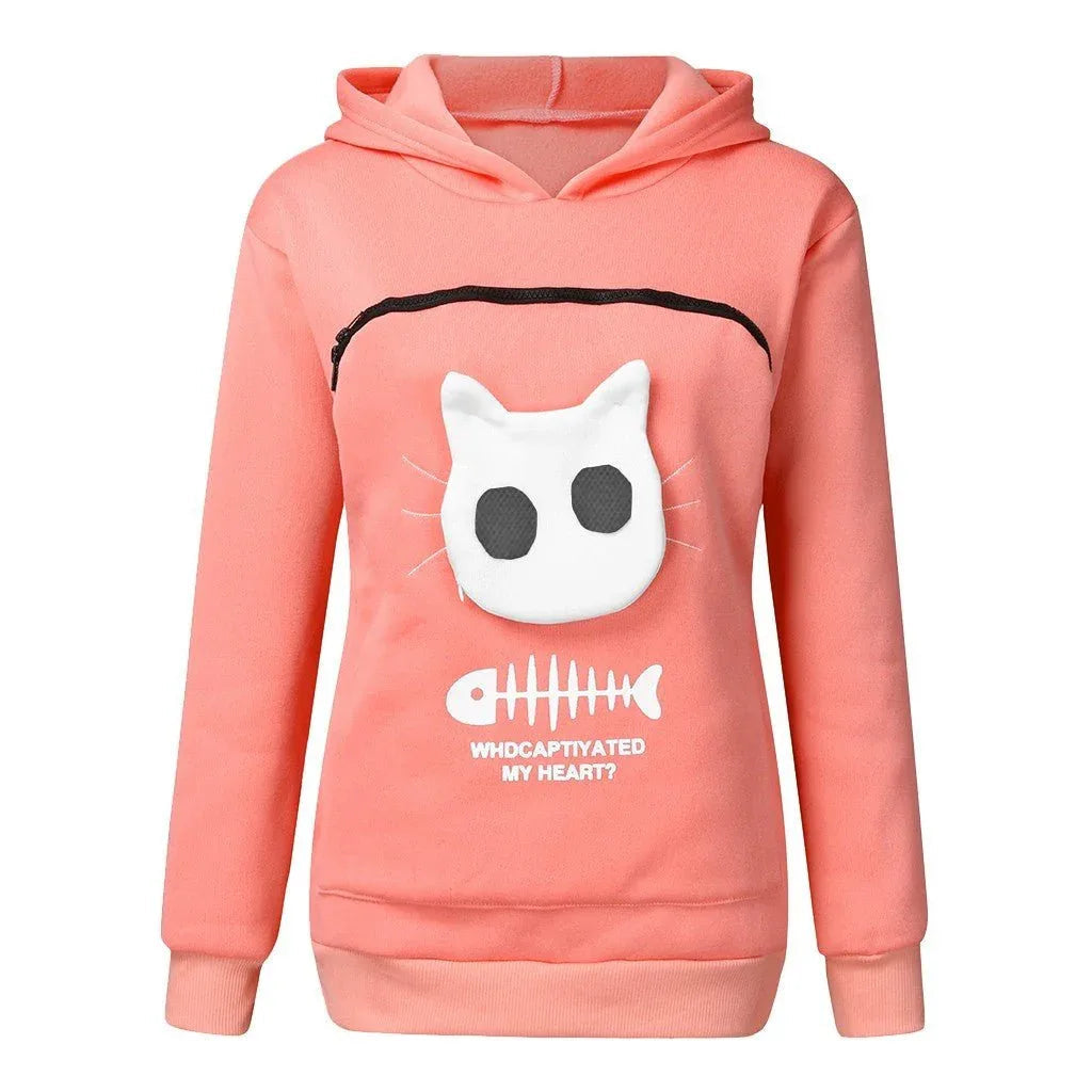 Damen-Sweatshirt mit Katzen-Haustier-Taschen-Design, Langarm-Hoodie