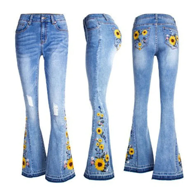 Jean Femme Évasé Brodé Tournesols