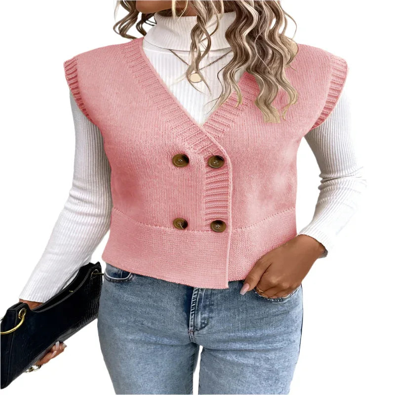 Pull décontracté tricoté à col en V boutonné pour femme