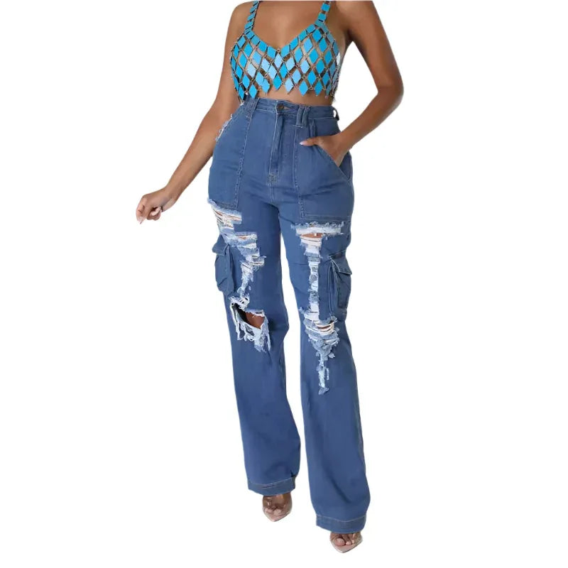 Damen Hose Zerrissene Stretch-Jeans