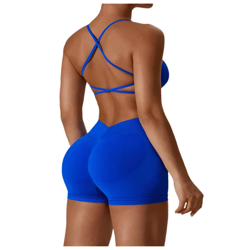 Ensemble de vêtements de sport sans couture pour femme, avec brassière dos nu et short de sport séchage rapide, coupe près du corps