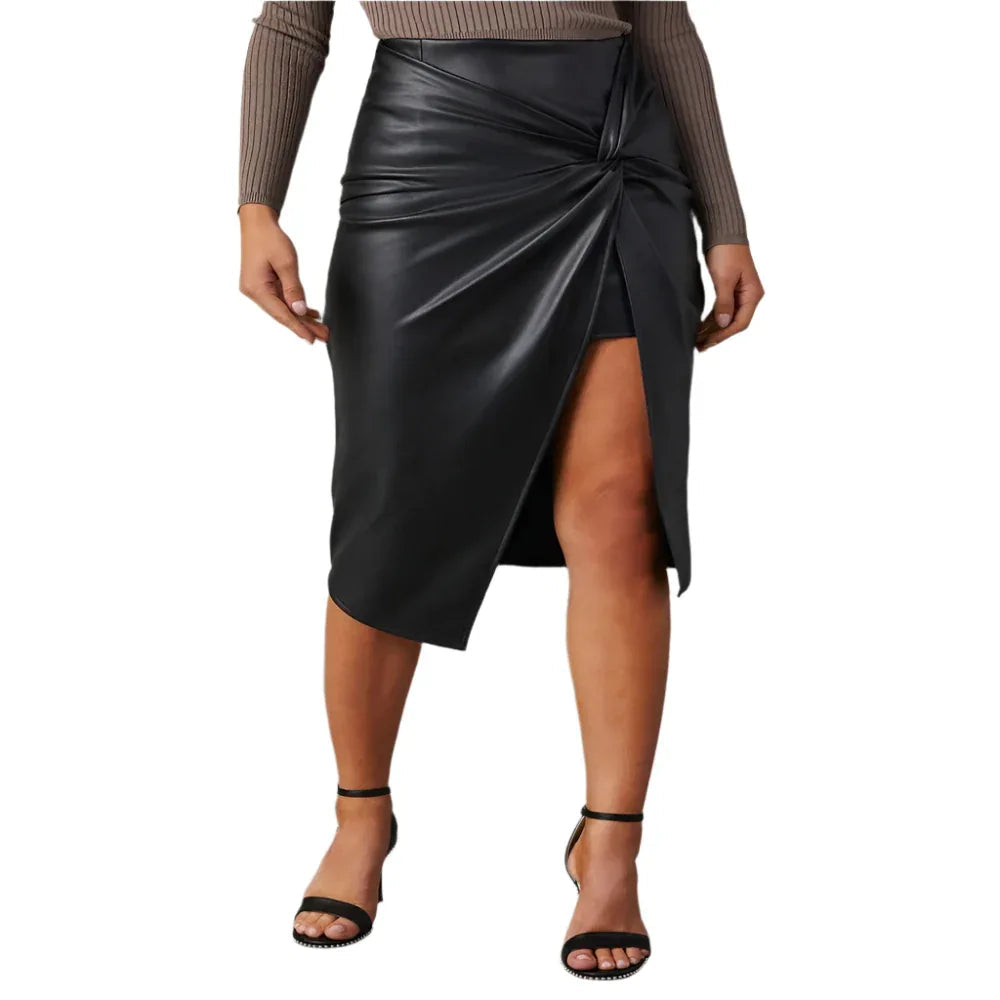 Damen-Midirock aus Leder mit Schlitz und figurbetonter Passform