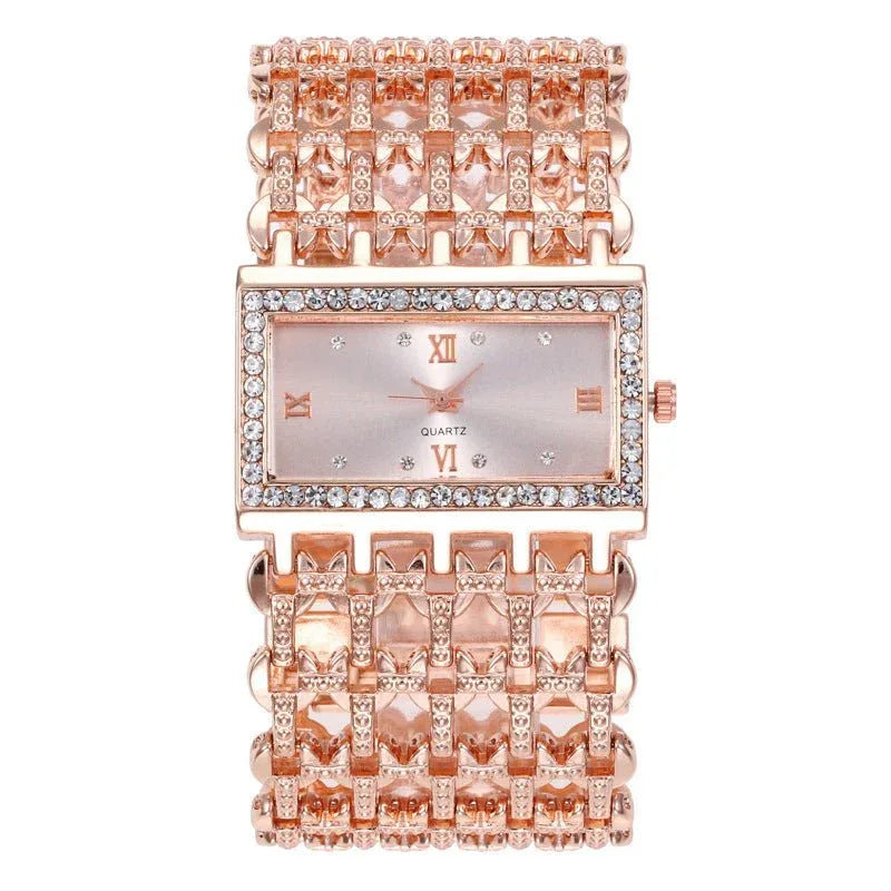 Montre rectangulaire en acier avec strass pour femme